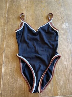Ribbed Black One-Piece Swimsuit with Brown & White Trim